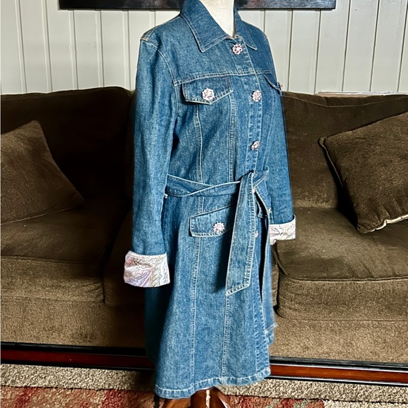 Berek • Medium • Vintage • Blue • Denim • Pink Rhinestones Buttons • Trench Coat - Picture 10 of 12
